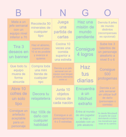 Genshin Impact Bingo! Bingo Card