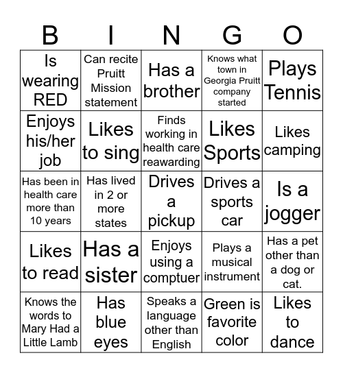 PruittHealth Characteristic BINGO Card