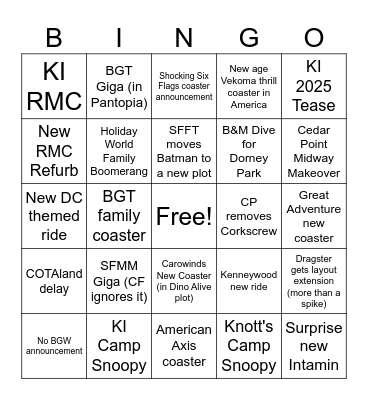 Coaster Announcement Bingo 2023 Bingo Card