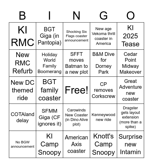 Coaster Announcement Bingo 2023 Bingo Card