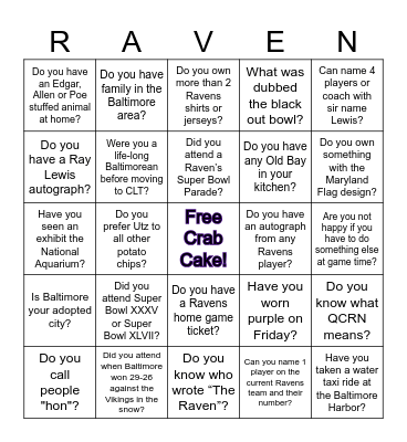 Baltimore Ravens/Baltimore Bingo Card