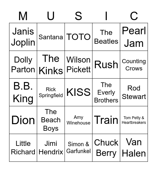 Music Bingo #75 (Names) Bingo Card