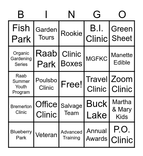 WSU Kitsap Master Gardeners Bingo Card