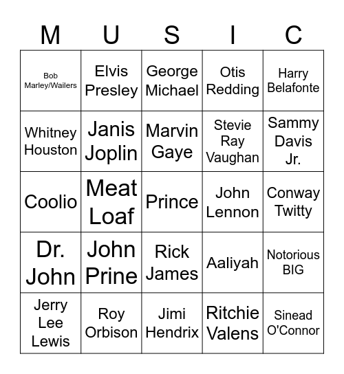 Music Bingo #75 (Deceased) Bingo Card