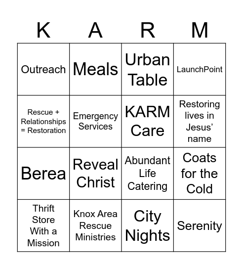KARM Stores Bingo Card