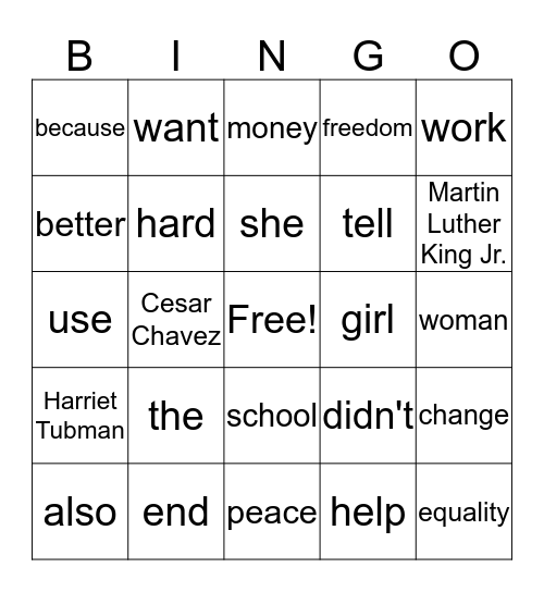 Leaders for Peace and Equality Bingo Card