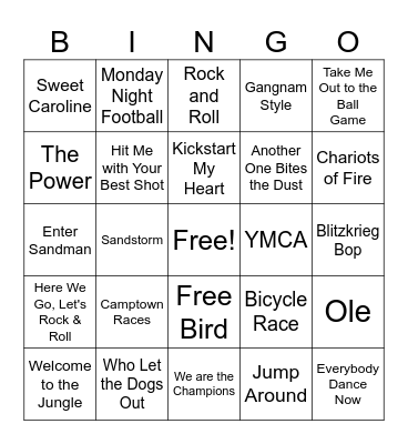 Stadium Songs Bingo Card