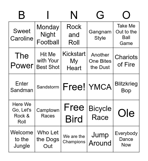 Stadium Songs Bingo Card