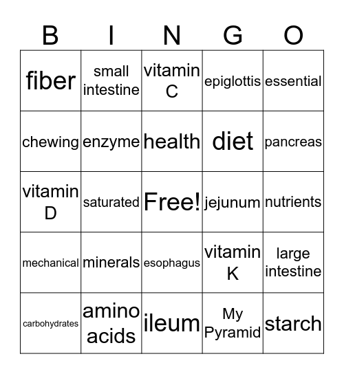 Digestion Bingo Card