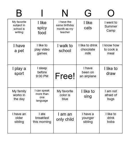 Getting to Know You Bingo Card