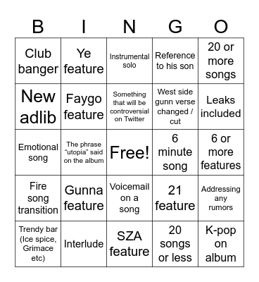 TFP UTOPIA Bingo Card