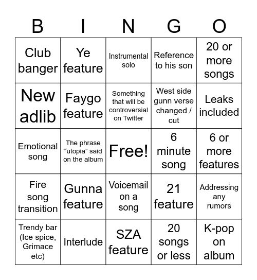 TFP UTOPIA Bingo Card