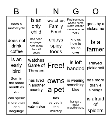 Co-Worker Bingo Card