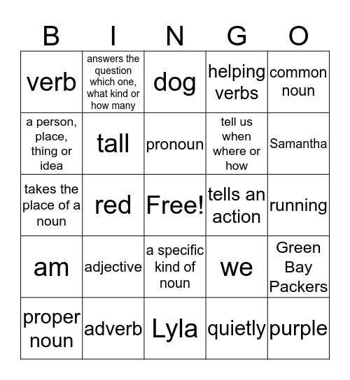 parts of speech Bingo Card