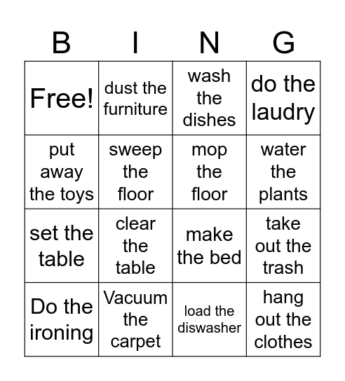 Housework Bingo Card