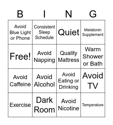 Healthy Sleeping Habits Bingo Card