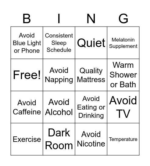 Healthy Sleeping Habits Bingo Card