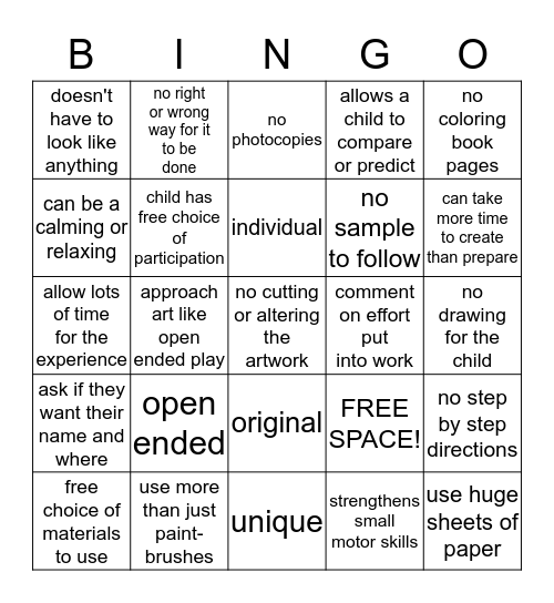 Process Art BINGO Card