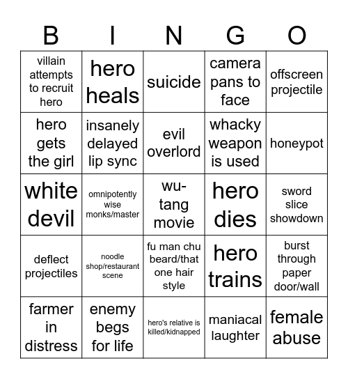 Wu-Tang Martial Arts Movie Bingo Card