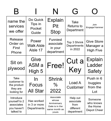 HOME DEPOT Bingo Card