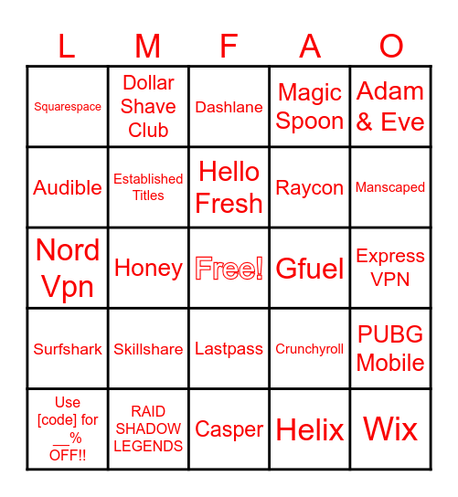 Youtube Sponsor Bingo V1 Bingo Card