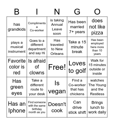 Co-Worker Bingo Card