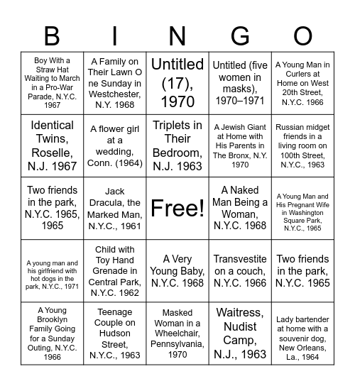 Dianne Arbus Bingo Card