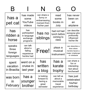 Find Someone Who Bingo Card