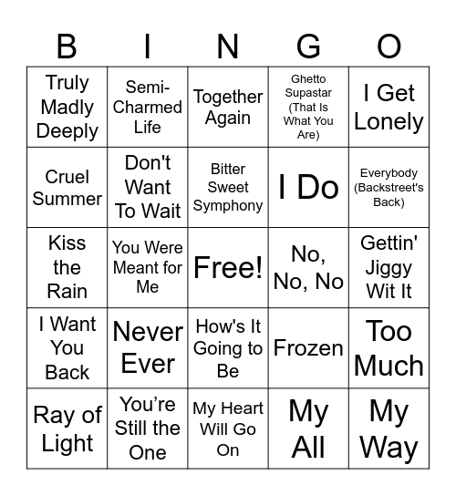 SONGS OF 1998 Bingo Card