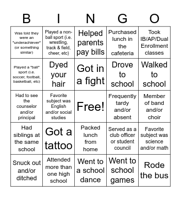 High School Memories Bingo Card