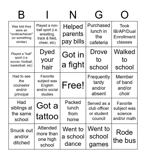 High School Memories Bingo Card