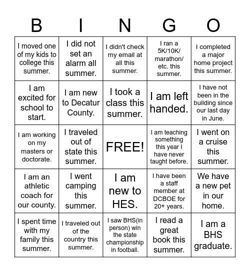 Staff Back to School Bingo Card