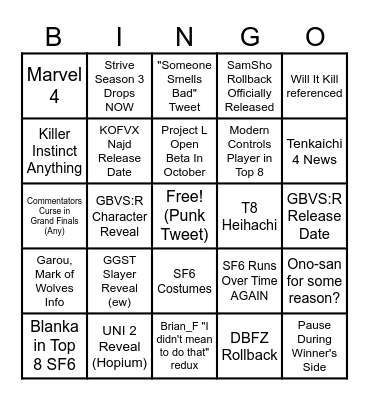 Duckie's EVO Event 2023 Bingo Card Bingo Card
