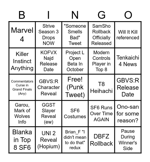 Duckie's EVO Event 2023 Bingo Card Bingo Card