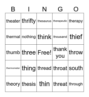 Hard 'th' Sound Bingo Card