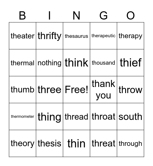 Hard 'th' Sound Bingo Card