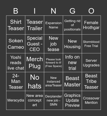 FFXIV Fan Fest Keynote Bingo Card