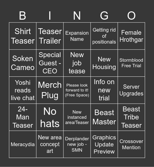 FFXIV Fan Fest Keynote Bingo Card