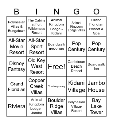 WDW Resort Hotels Bingo Card