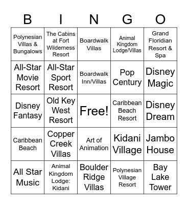 WDW Resort Hotels Bingo Card