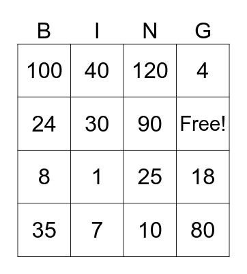 Multiplication Bingo Card