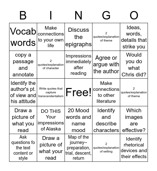 JOURNAL Into the Wild --After reading today . . .  Bingo Card