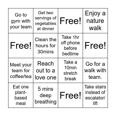 WSA R&D Healthy Bingo Card