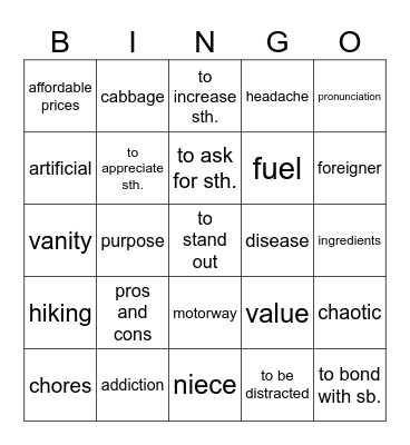 Vocabulary Revision Bingo Card