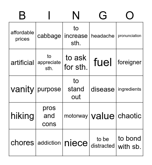 Vocabulary Revision Bingo Card