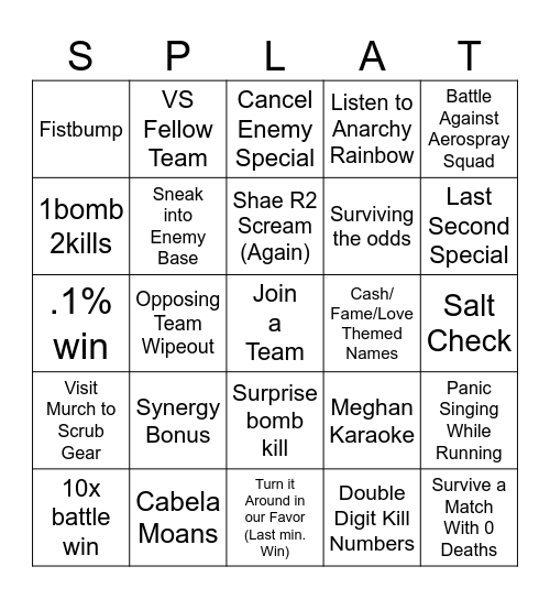 Splatfest Bingo Card