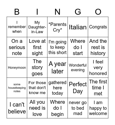 Wedding Speech Bingo! Bingo Card