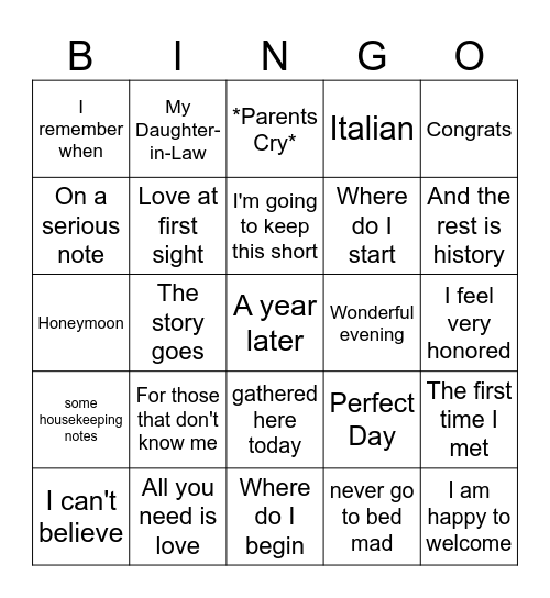 Wedding Speech Bingo! Bingo Card