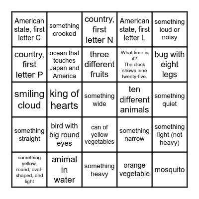 English Scavenger Hunt Bingo Card