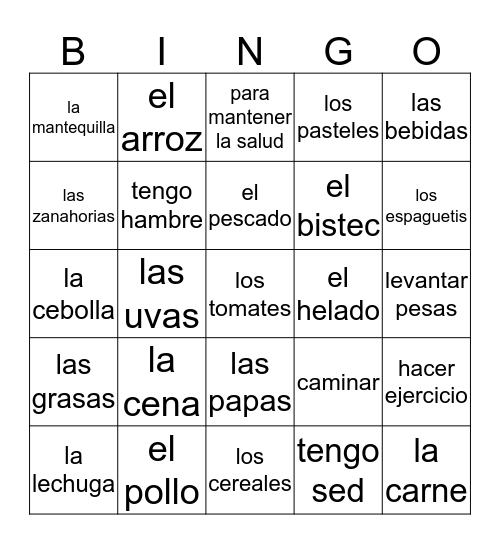 La comida/la salud Bingo Card